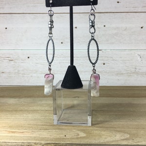 Chunky large Chinese tourmaline tooth beads suspended funky gunmetal links and on gunmetal ear wire shoulder duster earrings image 8