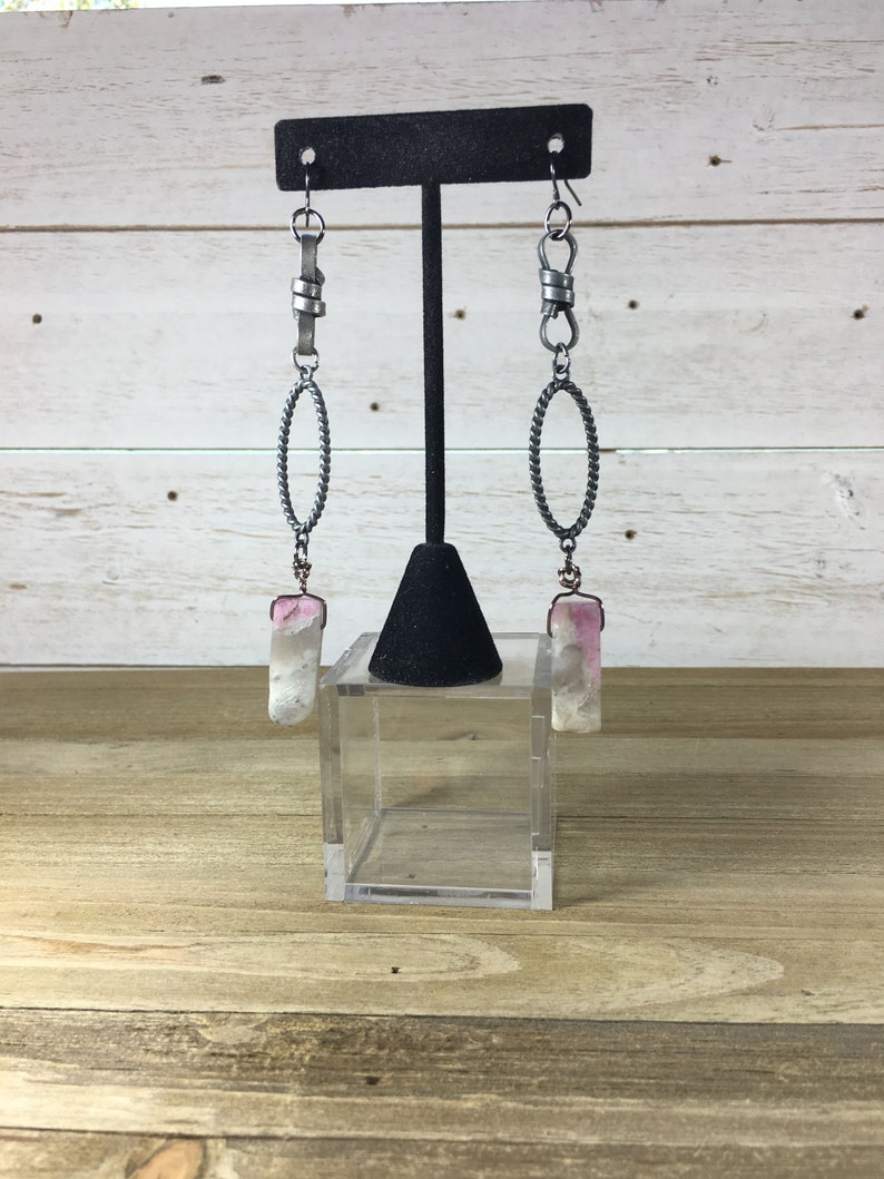 Chunky large Chinese tourmaline tooth beads suspended funky gunmetal links and on gunmetal ear wire shoulder duster earrings image 8