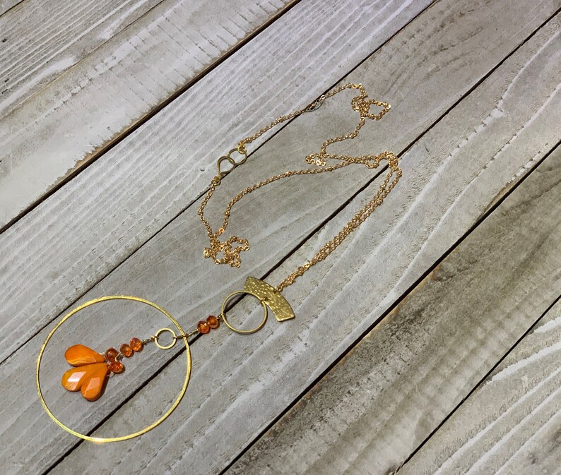 Faceted orange coral teardrops with czech glass beads hand wired to copper circle suspended on gold colored chain image 4