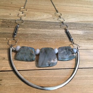 Trapezoid labradorite stones on u shaped finding with funky geometric silver and antique silver chain image 5