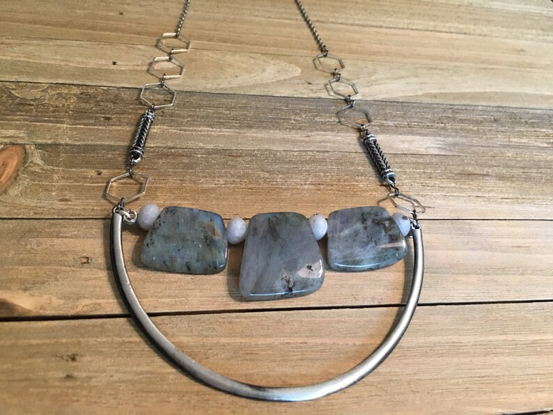 Trapezoid labradorite stones on u shaped finding with funky geometric silver and antique silver chain image 5