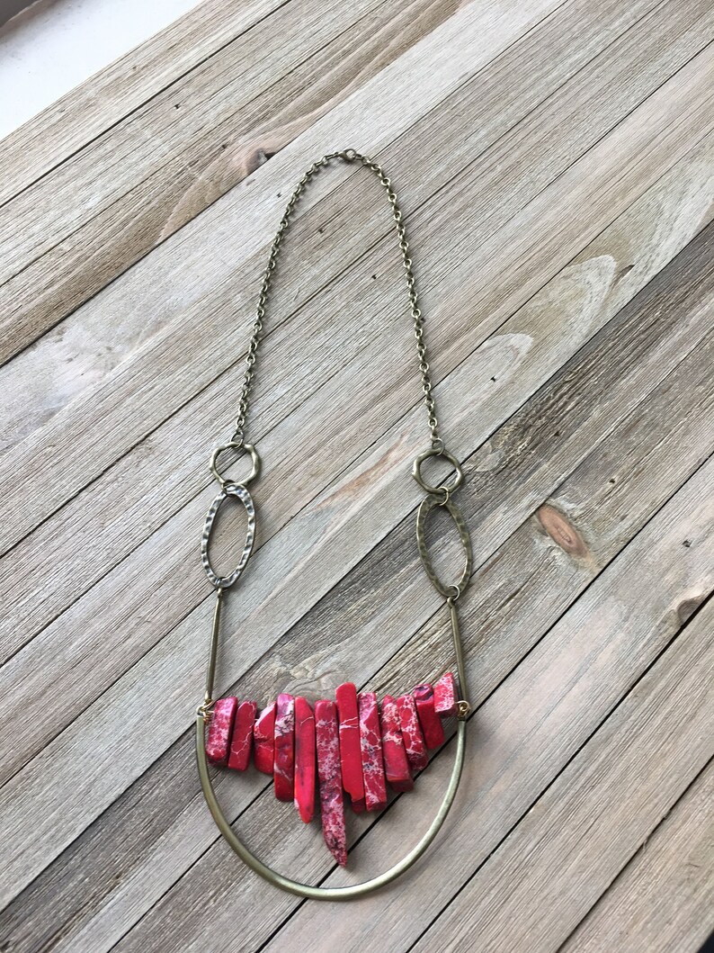 Beautiful red imperial sea sediment jasper stick bead stone necklace with antique gold U accent on funky golden geometric chain image 1