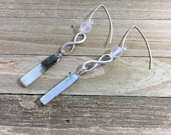 Green and white jade stones suspended from silver infinity / figure 8 shape with frosted sea glass beads on 925 sterling silver earwires