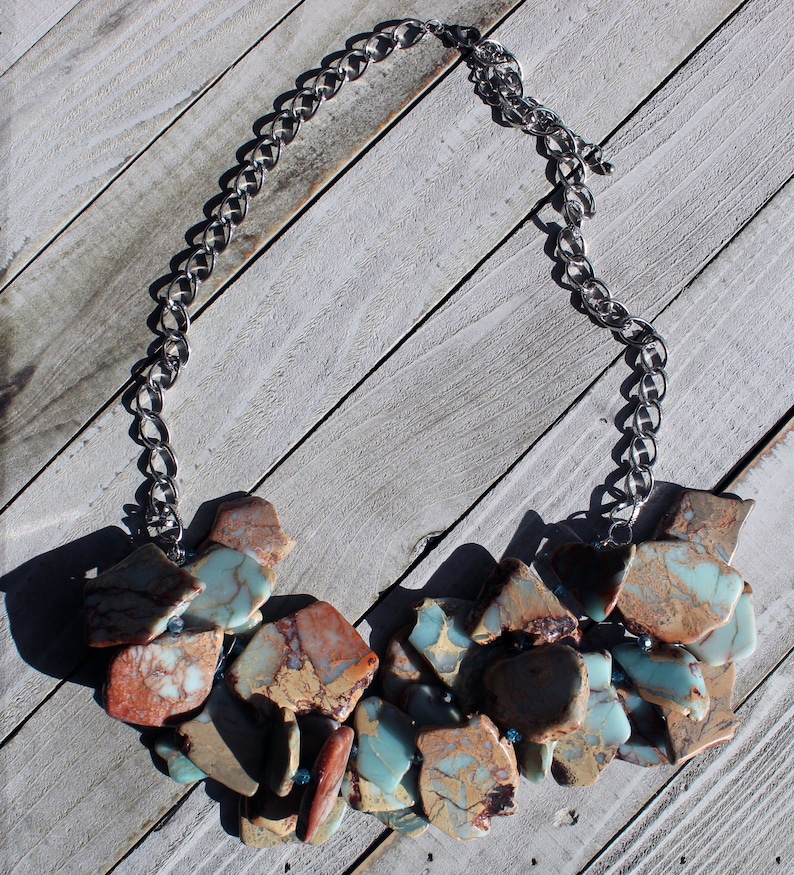 Etsy Design Awards RESERVED for --African opal aqua terra jasper varcasite stone cluster necklace with czech glass accents on silver