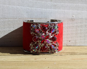 Silver and red suede leather inlay cuff with silver, red and clear rhinestone embellishment bracelet