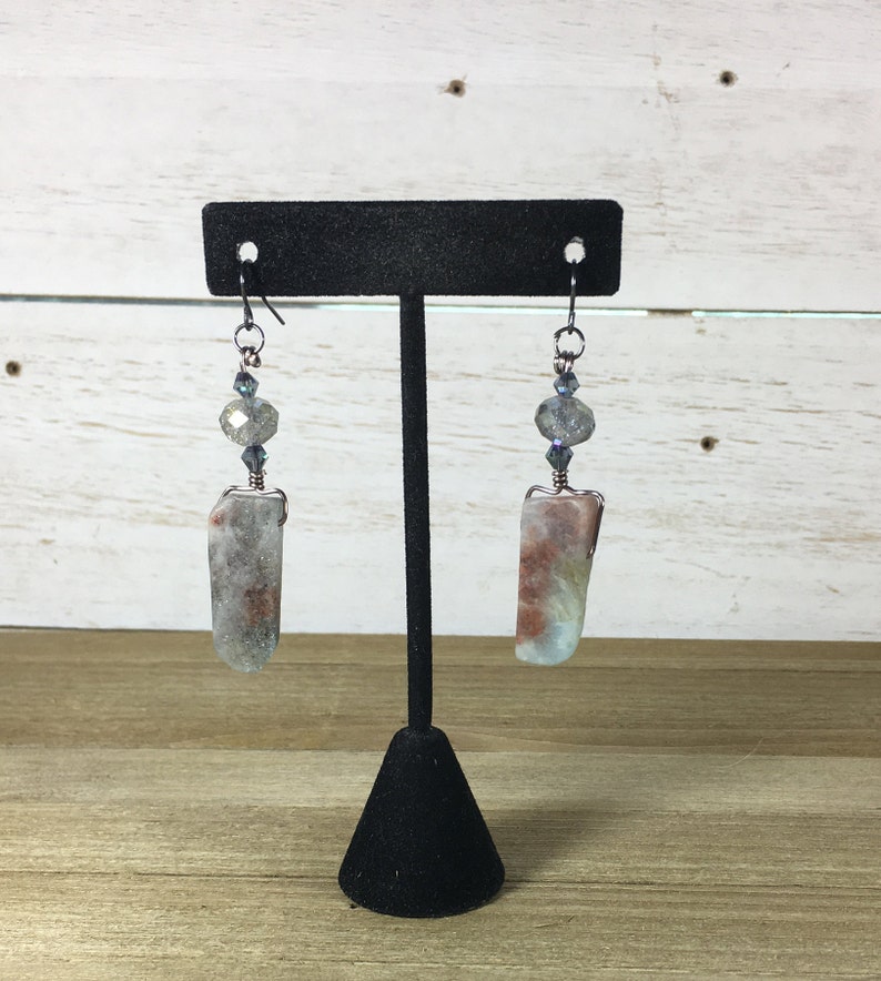 Sparkly and chunky brown and blue quartz with czech glass iridescent bead earrings on gunmetal ear wires image 2