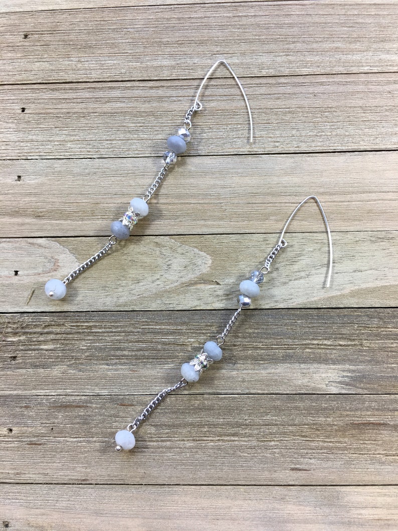 Shoulder duster labradorite, silver chain and silver rhinestone bead earrings suspended on 925 sterling silver ear wire image 2