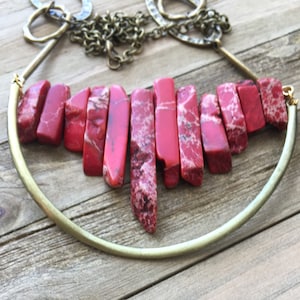 Beautiful red imperial sea sediment jasper stick bead stone necklace with antique gold U accent on funky golden geometric chain image 6