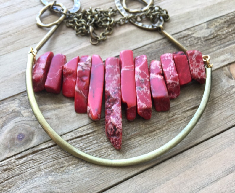 Beautiful red imperial sea sediment jasper stick bead stone necklace with antique gold U accent on funky golden geometric chain image 6