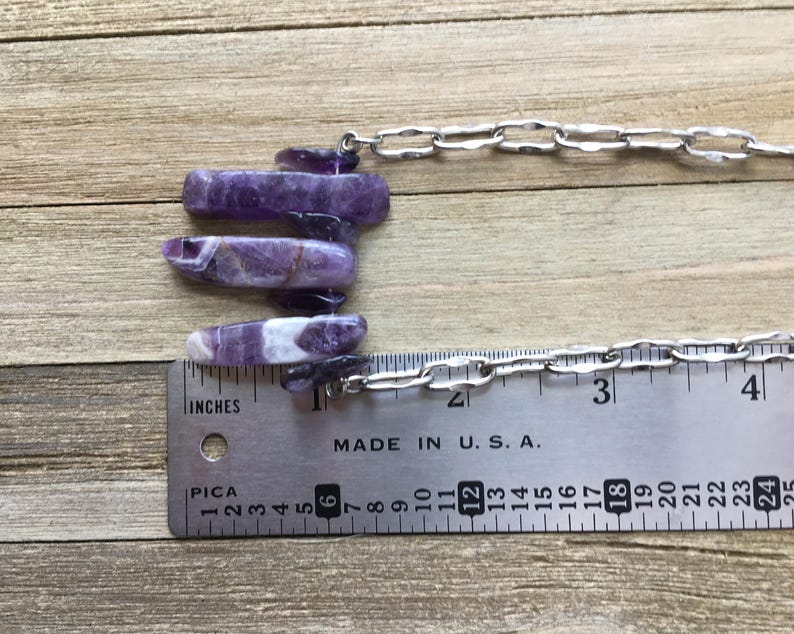 Genuine amethyst polished stick beads with amethyst chips on decorative silver chain image 7