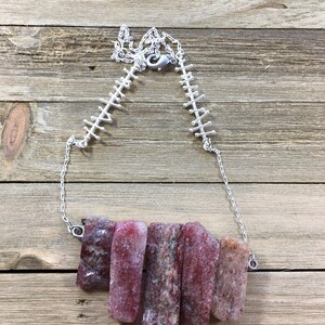 Strawberry quartz stick bead necklace on matte silver chain with funky bar connector image 7