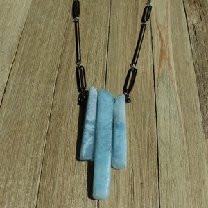 Raw aquamarine stick bead pendant with gunmetal geometric shapes on long gunmetal chain image 4