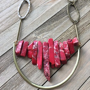 Beautiful red imperial sea sediment jasper stick bead stone necklace with antique gold U accent on funky golden geometric chain image 7