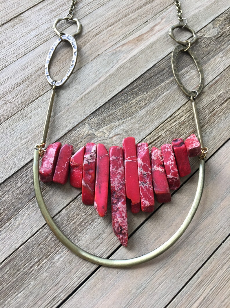 Beautiful red imperial sea sediment jasper stick bead stone necklace with antique gold U accent on funky golden geometric chain image 7
