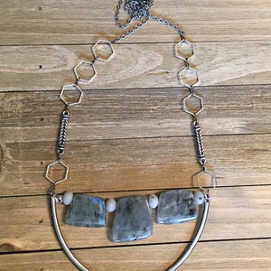 Trapezoid labradorite stones on u shaped finding with funky geometric silver and antique silver chain image 7