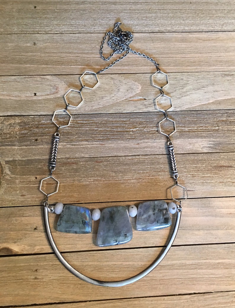 Trapezoid labradorite stones on u shaped finding with funky geometric silver and antique silver chain image 7