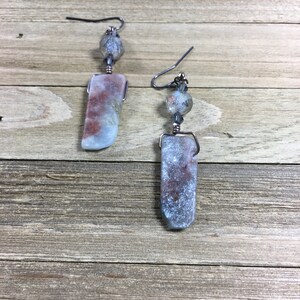 Sparkly and chunky brown and blue quartz with czech glass iridescent bead earrings on gunmetal ear wires image 5