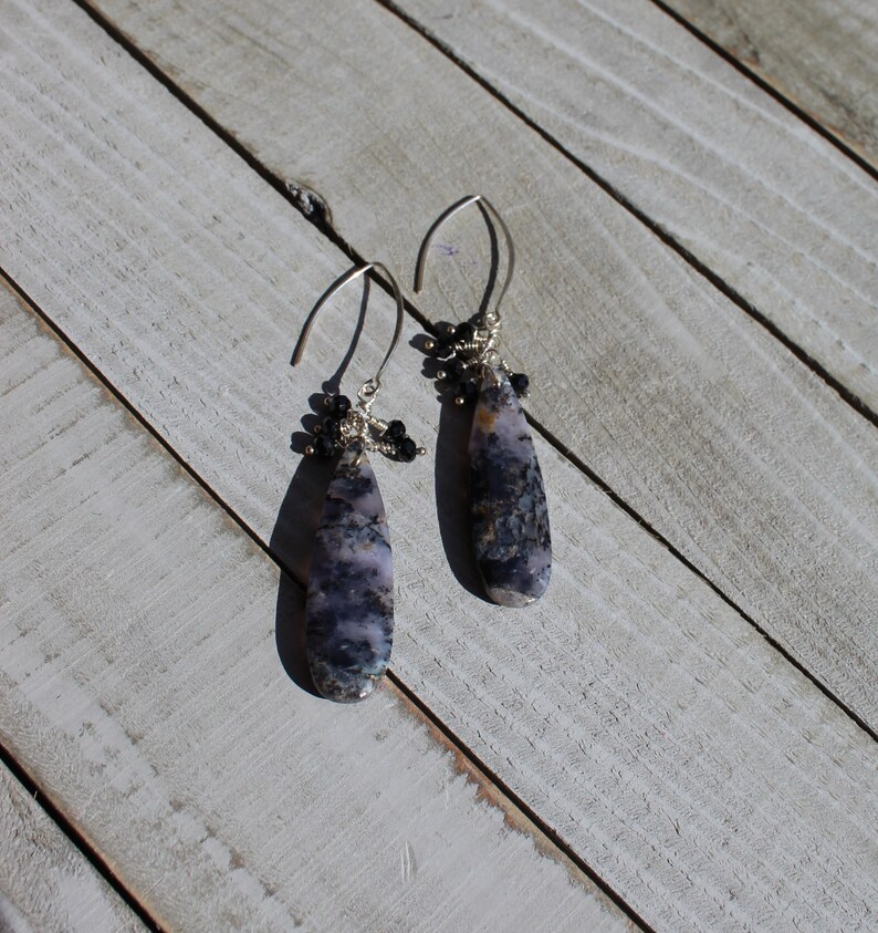 Arborization opal long briolettes with silver wire wrapped black spinel stones suspended on 925 sterling silver earwires