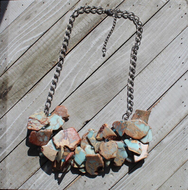 Etsy Design Awards RESERVED for --African opal aqua terra jasper varcasite stone cluster necklace with czech glass accents on silver