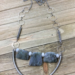 Trapezoid labradorite stones on u shaped finding with funky geometric silver and antique silver chain image 4