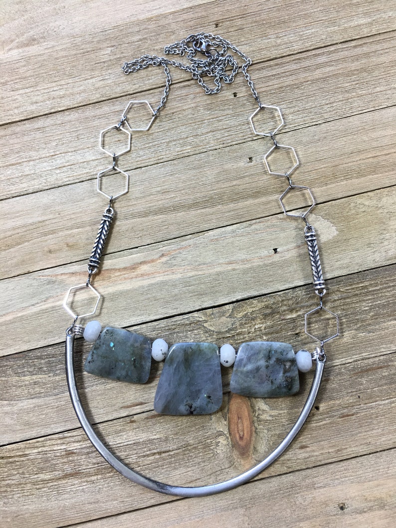 Trapezoid labradorite stones on u shaped finding with funky geometric silver and antique silver chain image 4