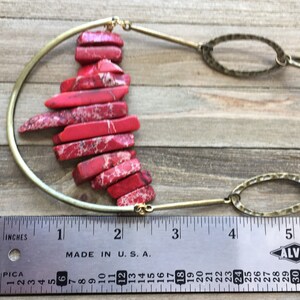 Beautiful red imperial sea sediment jasper stick bead stone necklace with antique gold U accent on funky golden geometric chain image 8