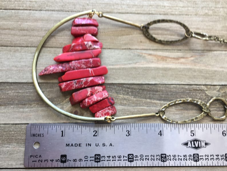 Beautiful red imperial sea sediment jasper stick bead stone necklace with antique gold U accent on funky golden geometric chain image 8