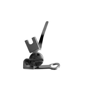 May include: A close-up of a silver-colored sewing machine presser foot. The presser foot has a U-shaped component, a curved lever, and a screw. The base has a small hole. The presser foot is designed to hold fabric in place while sewing.