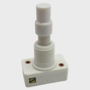 May include: A white electrical dimmer switch with a cylindrical knob and a rectangular base. The switch has a threaded section and two copper-colored screw terminals. The dimmer is designed for controlling the brightness of lights.