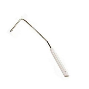 May include: A silver-colored paint roller frame with a white handle. The frame is bent at a right angle at the top and has a small, round tip. The handle is cylindrical and has a small hole at the end.