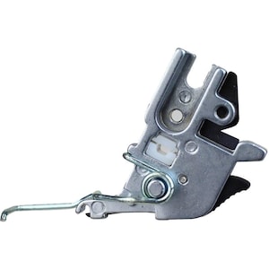 May include: A silver-colored metal latch with a spring and a black rubber piece. The latch has a lever and a hook-like design. The background is white.