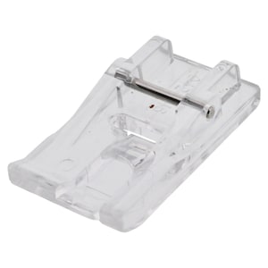 May include: A clear, transparent sewing machine foot with a metal bar. The foot is rectangular with rounded edges and is designed to attach to a sewing machine. It is made of clear plastic.