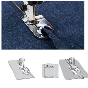 May include: A silver sewing machine foot with a curved design, shown in use on blue denim fabric. The foot is designed for sewing thick fabrics and features a guide for precise stitching. The image also includes diagrams illustrating its use.