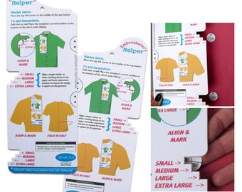 Può includere: Un set di modelli di posizionamento per ricamo bianchi e gialli con istruzioni per camicie con paramontura e magliette e felpe. I modelli includono guide alle taglie per piccolo, medio, grande ed extra large.