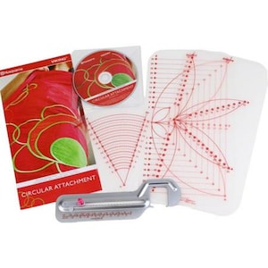 May include: A sewing kit with a red and white brochure, a CD, and a clear plastic template with red markings. A silver circular attachment tool is also included. The brochure reads "Circular Attachment".