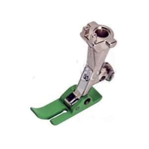 May include: A sewing machine presser foot, featuring a silver metal body and a bright green base. The foot has a curved design, likely for a specific sewing technique. The number "53" is visible on the side.