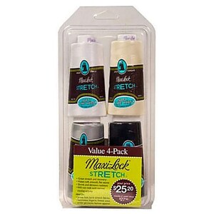 Puede incluir: Un paquete de plástico transparente que contiene cuatro carretes de hilo Maxi-Lock Stretch. Los carretes son blancos, crema, plateados y negros. El embalaje incluye una etiqueta amarilla y marrón con el texto "Value 4-Pack" y "Maxi-Lock Stretch".