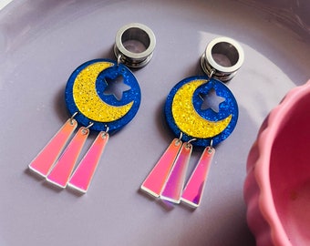 Screw back tunnels silver stainless steel kawaii elegant occasion crescent moon night drops acrylic gauges