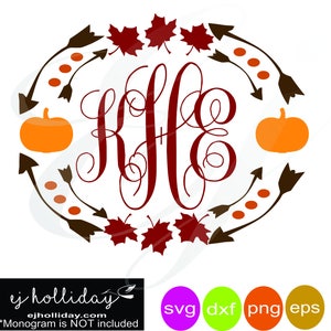May include: A fall-themed design featuring a monogram in burgundy script, surrounded by brown arrows, orange pumpkins, and burgundy maple leaves. The design includes the text "ej holliday.com" and file type icons.