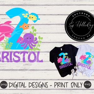 Under the sea Bristol svg png Digital Print Design Happy Birthday Two years old dolphin octopus fish coral birthday party ocean sea theme