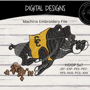 May include: Digital design for machine embroidery featuring a black and gold Razorback hog. The hog is wearing a gold jersey with the letters "CC". The design includes the text "DIGITAL DESIGNS" and "Machine Embroidery File".