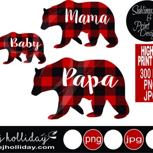 Papa Mama Baby Buffalo Red Plaid Bears 19 Digital Print Design PNG JPG Sublimation Print