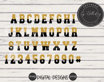 Gold Black two toned layered alphabet set Ombre' Split colors and Number Set svg png Digital Design varsity college