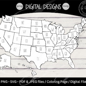United States Map Coloring Page Printable | Jpg | Pdf | Svg | Png | United States Travel Map | Commercial Use | Cricut Silhouette Cut Files