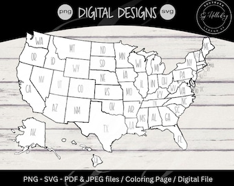 United States Map Coloring Page Printable | Jpg | Pdf | Svg | Png | United States Travel Map | Commercial Use | Cricut Silhouette Cut Files