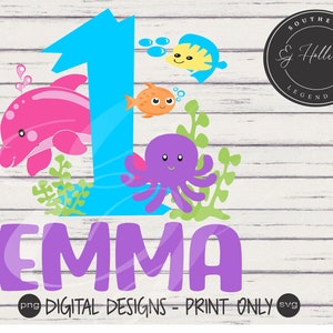 Under the sea Emma svg png Digital Print Design Happy Birthday One years old dolphin octopus fish coral birthday party ocean sea theme