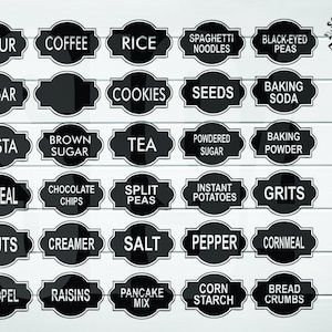 May include: Black and white printable labels for pantry organisation. The labels feature a variety of common pantry items, including flour, sugar, rice, pasta, tea, coffee, and more.