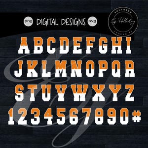 May include: Digital design alphabet and numbers in a collegiate style. The letters and numbers are white with an orange top half and a black outline. The image includes the text "DIGITAL DESIGNS" and a circular logo with text.