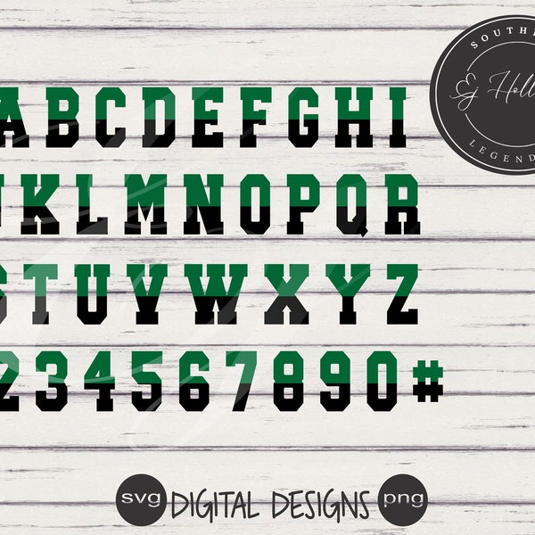 Green black two toned layered alphabet set Ombre' Split colors and Number Set svg png Varsity college Digital Design