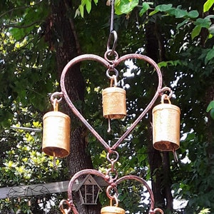 3 Hearts in the Wind - Wind Chime, Wrought Iron, 10 Reclaimed Bells